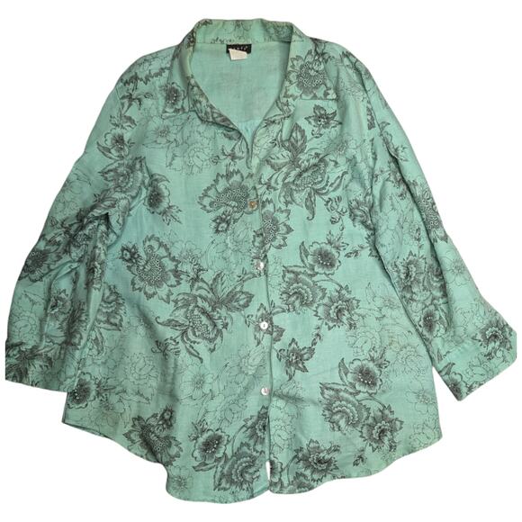 Vtg 1990s Comfy USA Mint Green Illustrated Floral Print Linen Button Up Top XL - Picture 1 of 7